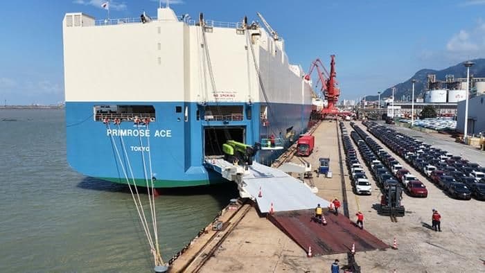 Ro-Ro vessel loading new vehicles at the quay