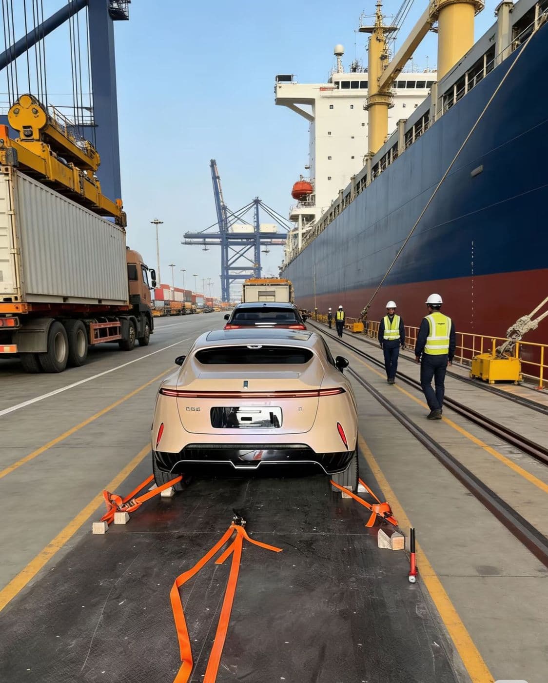 SUV being loaded at a container port for export