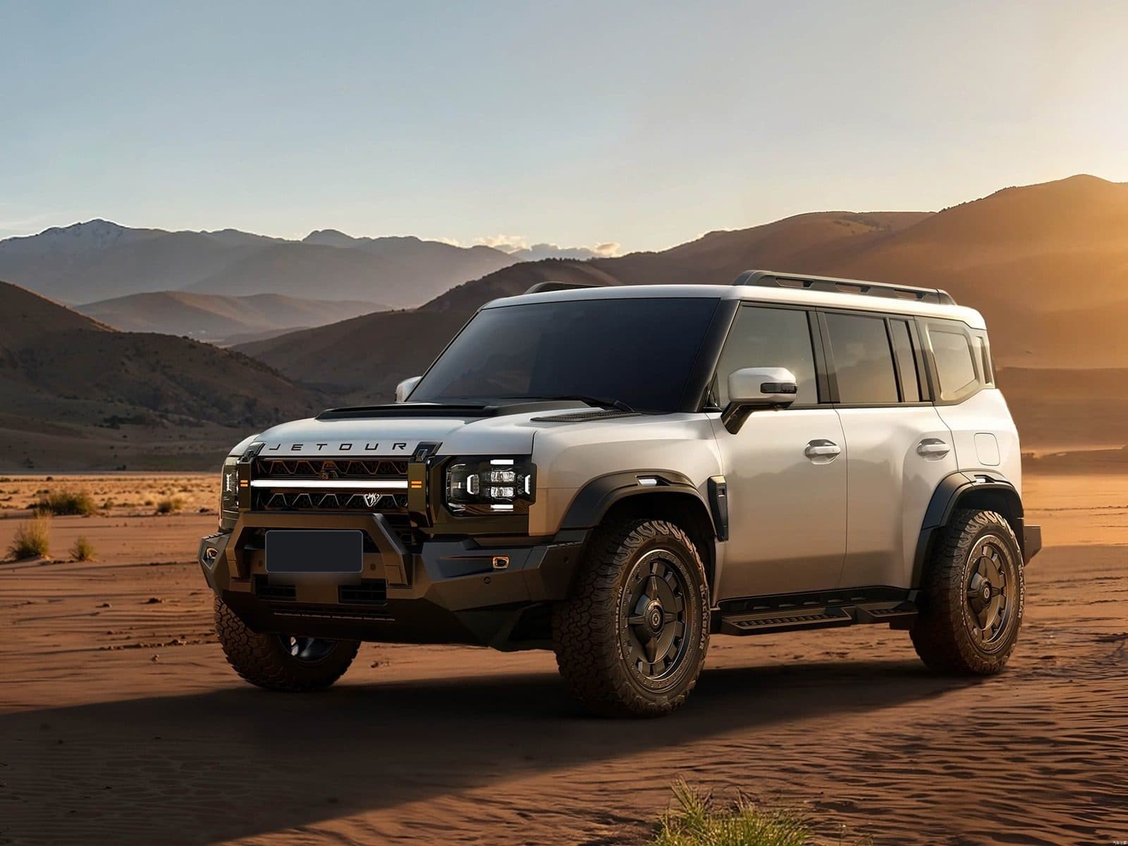 Jetour T2 with off-road bumper on a desert sand track