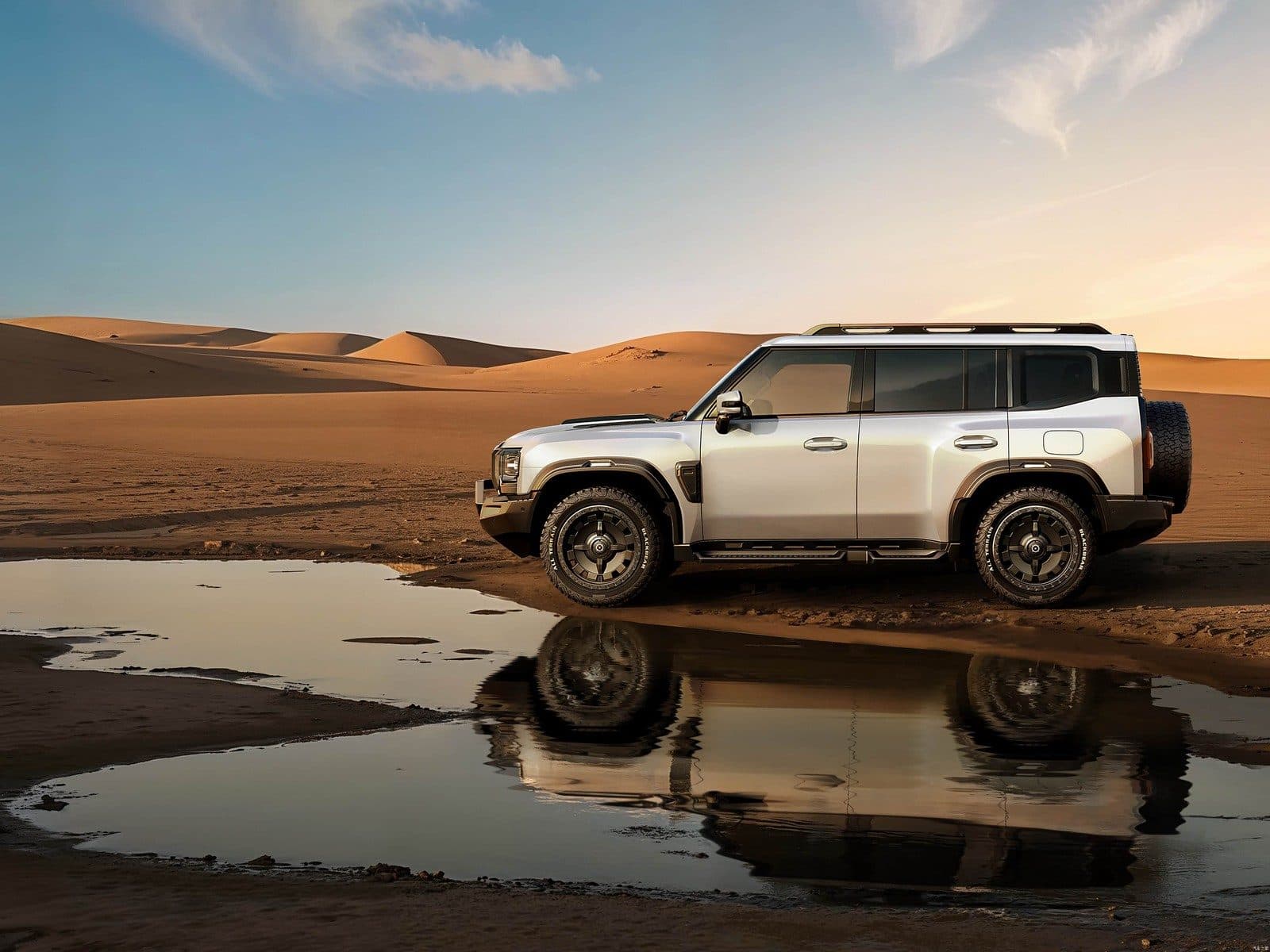 2026 Jetour T2 right-hand-drive SUV parked by water in desert dunes at sunset