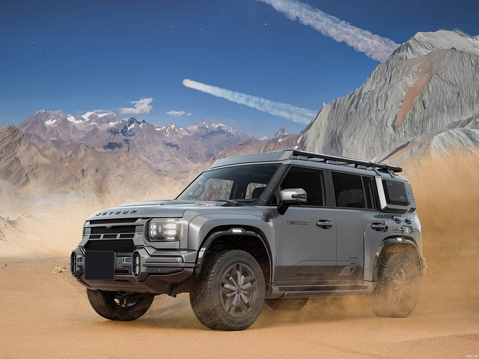 Grey Jetour T2 4WD driving on a dusty mountain track